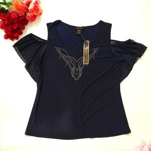 Susan Lawrence Cold Shoulder Flutter Sleeve Top L